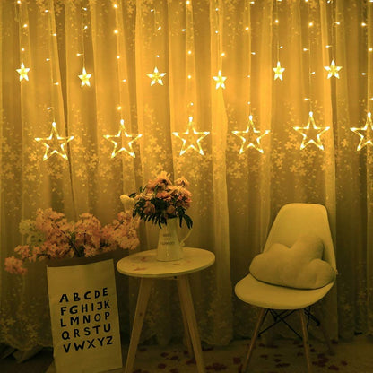 12 Stars 138 LED Curtain Lights, Christmas Outdoor Decor Window Curtain String Lights with 8 Flashing Modes Ramadan Decoration for Christmas, Wedding, Party, Home Bedroom Decorations (Warm White)
