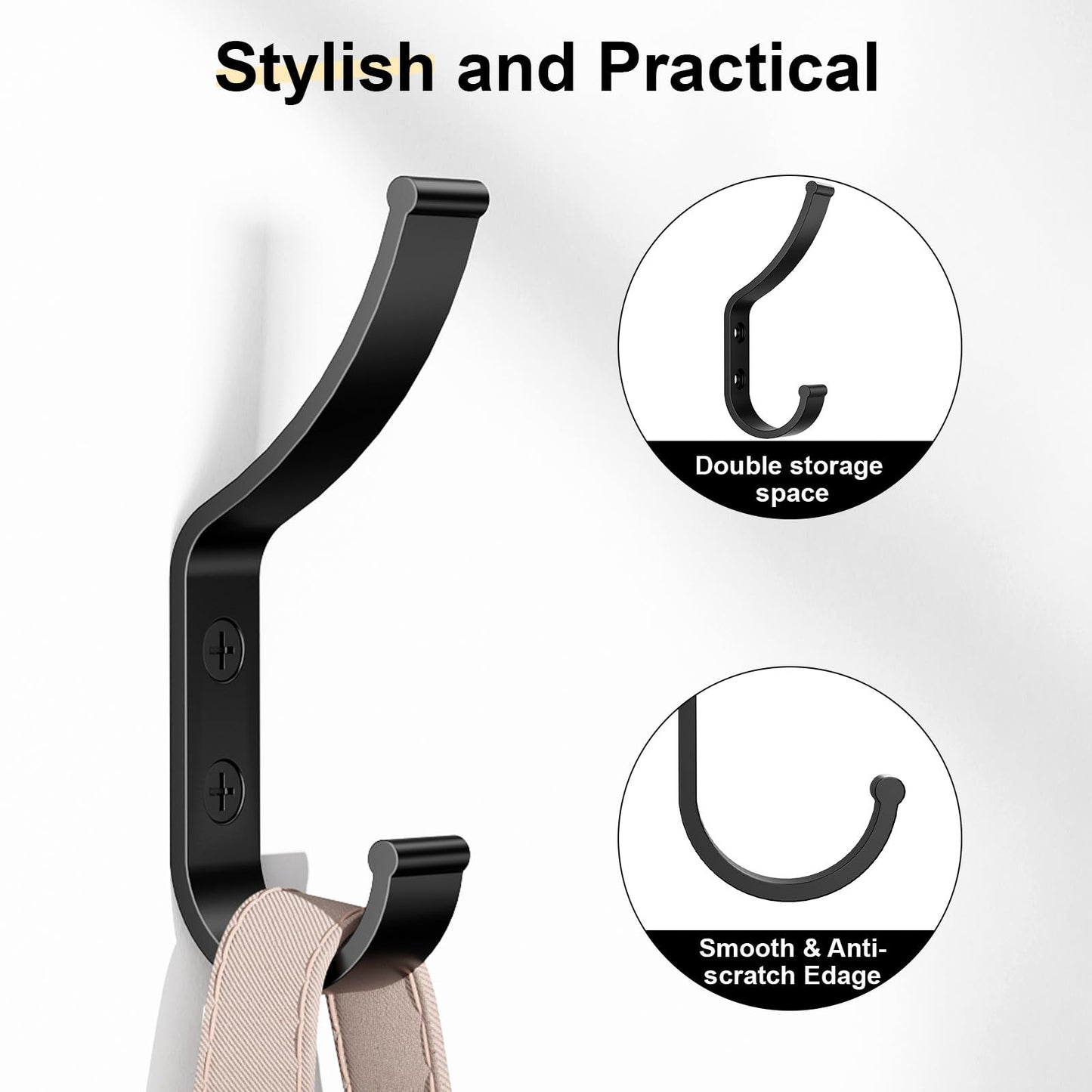 20 Pack Coat Hooks, 30KG Load Bearing Wall Hook for Hanging(Max), 1.6" L X 0.5" W X 3.94" H Coat Rack Wall Mount Double Hooks for Bag, Towels, Hats, Keys, Black