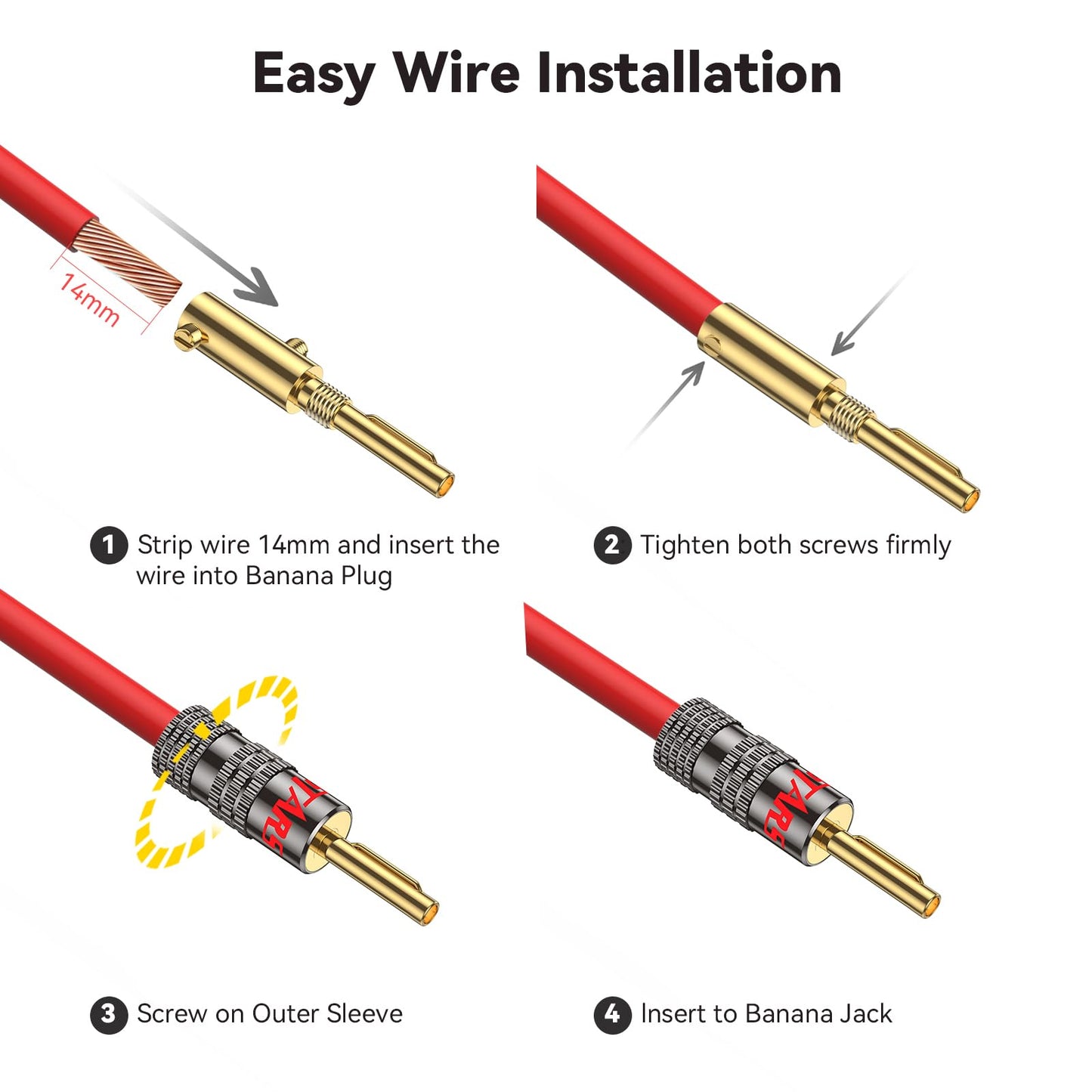 InnoStars Banana Plugs for Speaker Wire, (12 Pairs, 24 Pcs), 24K Gold Plated Connectors, Spring Pin Plug Closed Screw Design, Banana Pins (Support 12 AWG to 20 AWG Wires), Come with 1Pcs Screwdriver