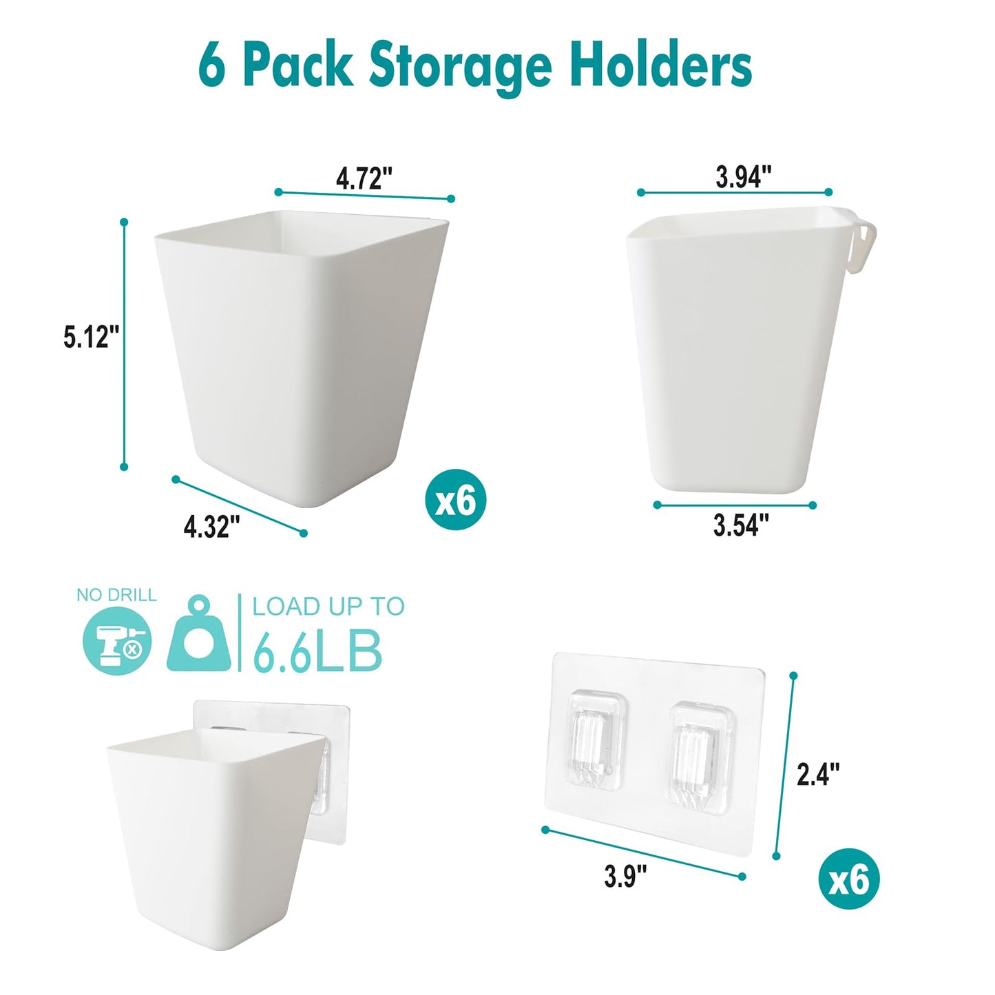 Wall Caddy Pen Holders, 6 Pack Large Pencil Cups Organizer for Marker / Remote / Crayon / White Board Accessories, with Adhesive Stickers, Office Home Craft Class Kids Room Art Organization (White)