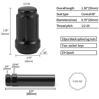 1/2-20 Acorn Lug Nuts - Set of 23 Black 6 Spline Lug Nuts 1.38" Long Closed End Aftermarket Wheel Lug Nut Fit for 1987-2018 Jeep Wrangler, 1993-2010 Jeep Grand Cherokee