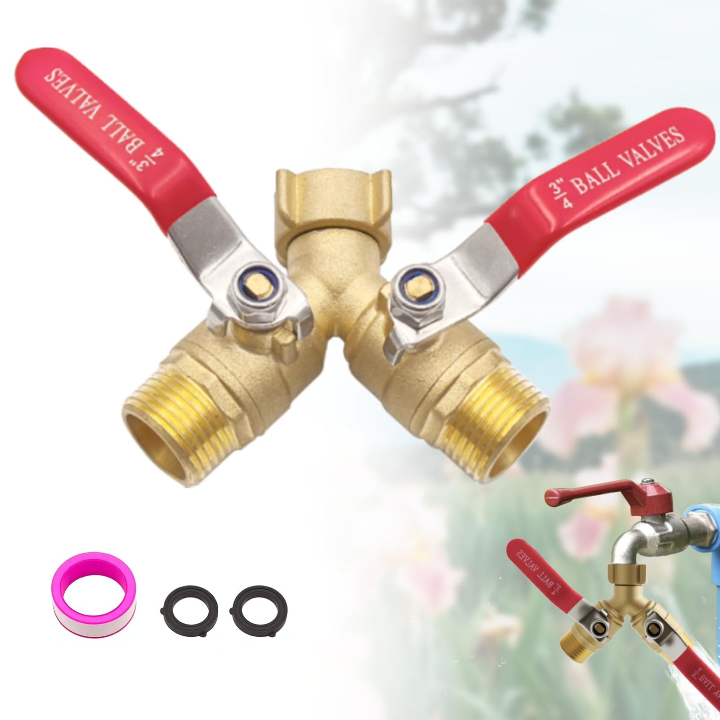 3/4" GHT 2-Way Heavy Duty Hose Splitter - Solid Brass Body & Red-Coated 304 Stainless Steel Handle for RV and Garden Use