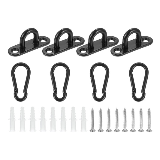 uxcell 4 Pcs Pad Eye Plate, 1.8 Inch 304 Stainless Steel Ceiling Hooks & Snap Hook Marine Hanging U Hook with Screws & Anchors for Securing Hanging, Black