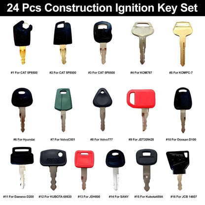 Alrens 24PCS Heavy Equipment Keys Master Set with Key Rings, Construction Ignition Machinery Key Set for John Deere, CAT, Kubota, Volvo, JCB, Caterpillar, Bobcat, Hitachi
