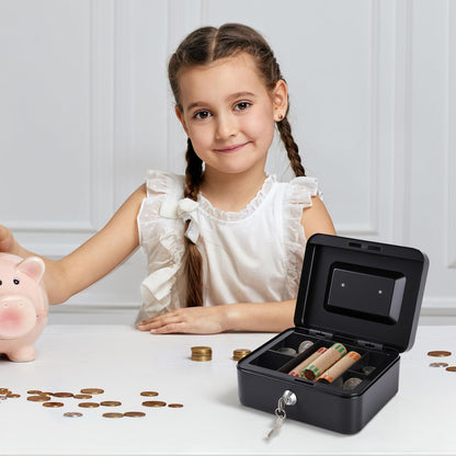 Cash Box with Money Tray and Lock Small Cash Box with Key Lock Box for Money 7.87 x 6.3 x 3.54 Inches Black