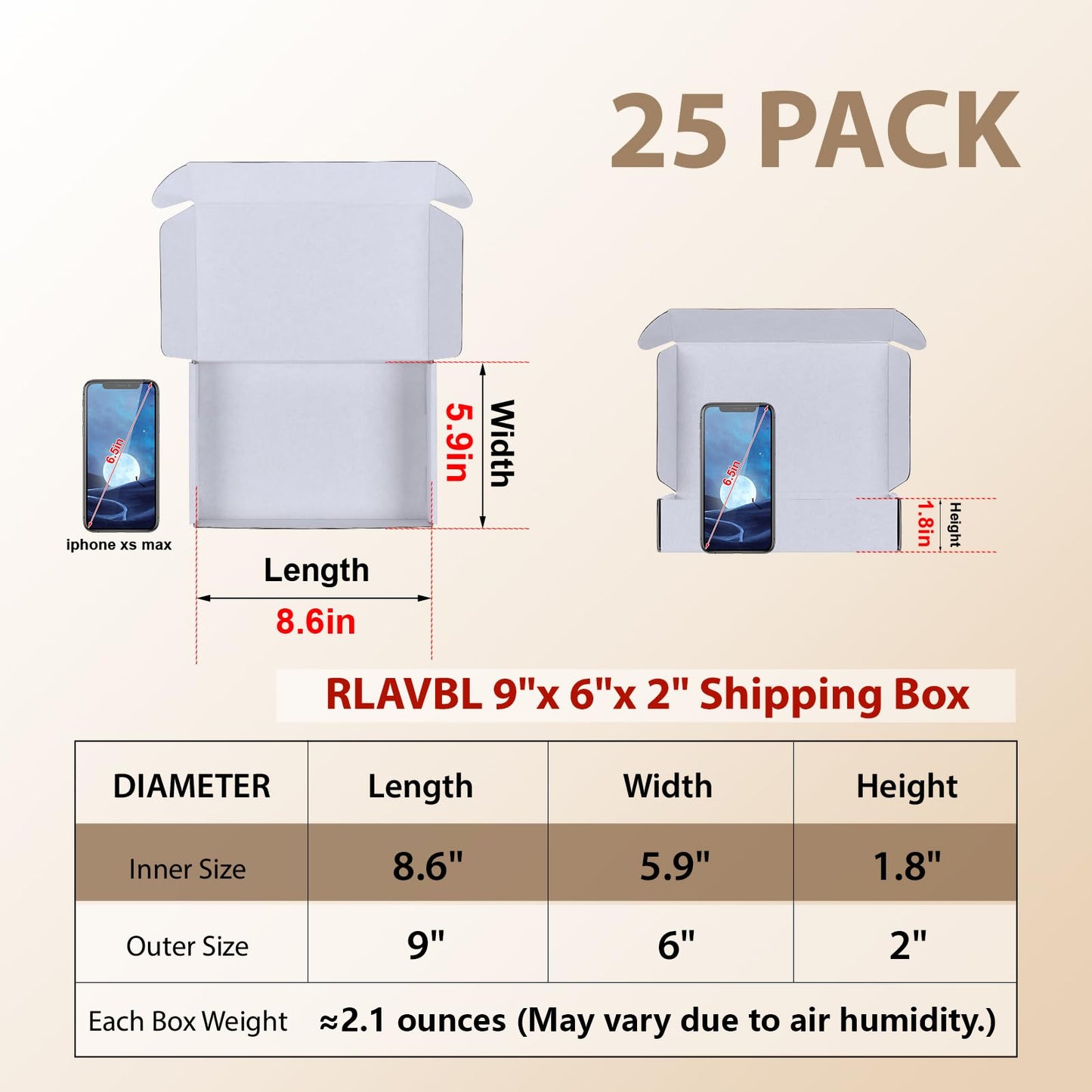 RLAVBL 9x6x2 Shipping Boxes Set of 25, All White Corrugated Cardboard Box for Packing, Mailing