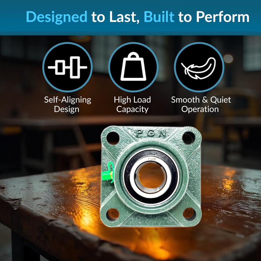 PGN UCF204-12 Pillow Block Bearing - Pack of 2 Square Flange Mounted Pillow Block Bearings - Chrome Steel Bearings with 3/4" Bore - Self Alignment