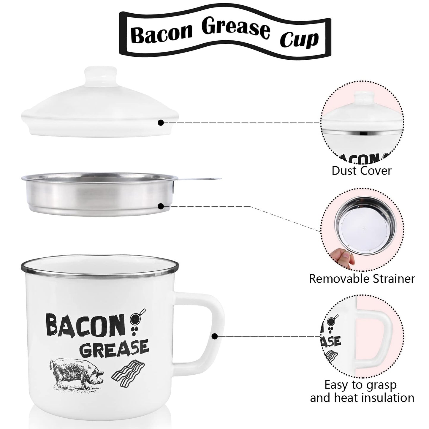 BokingOne Bacon Grease Container with Strainer, 1.5L/46oz Large Stainless Steel Cooking Oil Container with Lid & Spoon, White Enamel Bacon Grease Keeper for Bacon