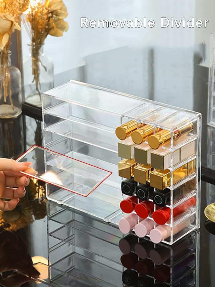 Clear Acrylic Makeup Organizer with Multi-Section Compartments, Lipstick Holder and Drawer Divider, 25 x 18.5 x 7 cm