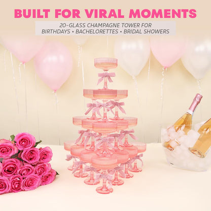 Plastic Champagne Tower - 21-Piece 7oz Plastic Coupe Glasses, Champagne Tower Glasses Set for Weddings, Parties & Hosting - Pink