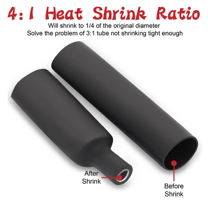 200PCS Heat Shrink Tubing Kit, Dual Wall Tube, Marine Shrink Tubing, Adhesive Lined(Shrink Ratio4:1,Black)