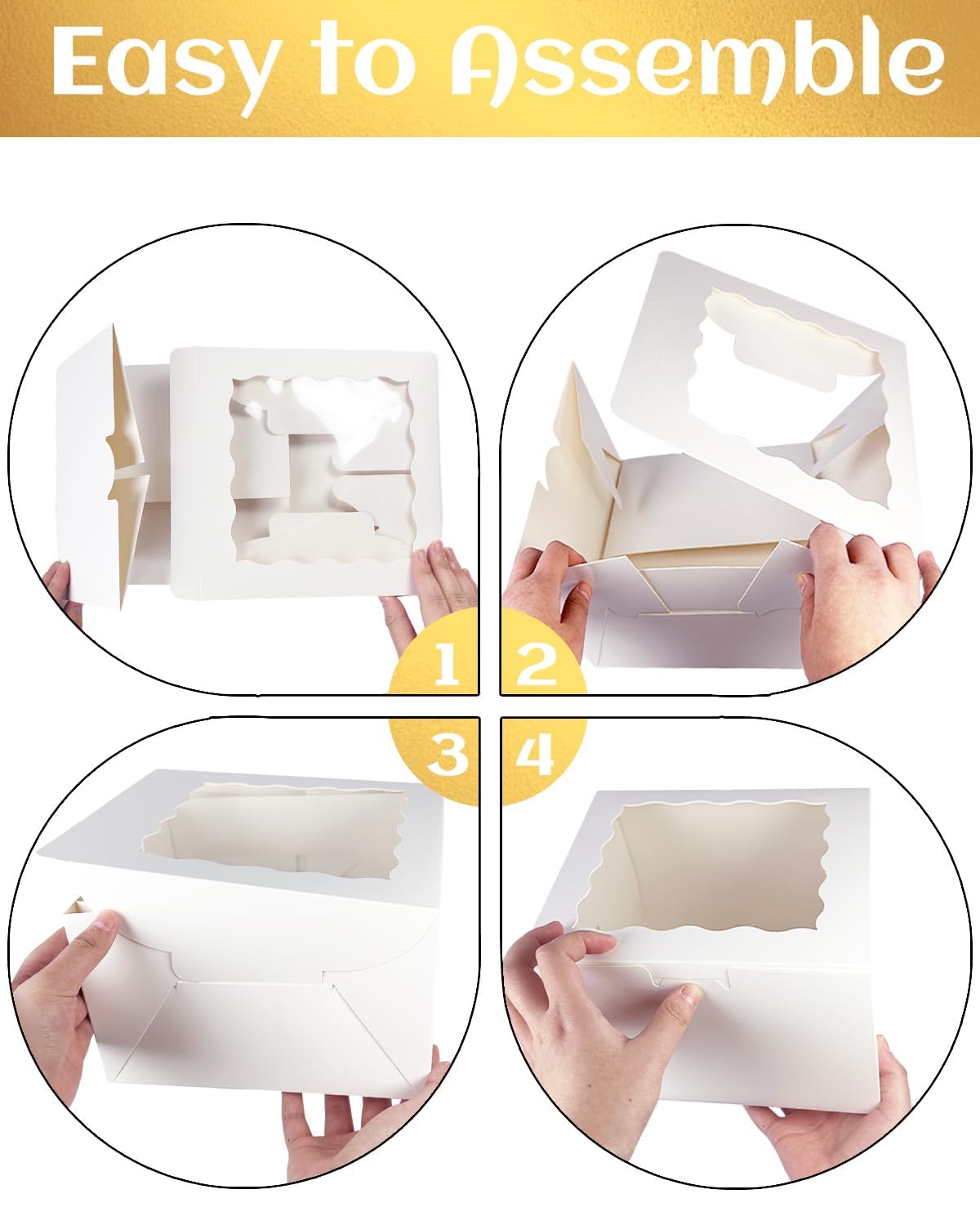 qiqee 6x6x5 Cake Box, 18 Sets White Cake Box with Window ＆ 18 Sets 6" White Cake Round Boards, 6inch Cake Containers & 10 Meters Gold Silk Ribbon