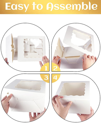 qiqee 6x6x5 Cake Box, 18 Sets White Cake Box with Window ＆ 18 Sets 6" White Cake Round Boards, 6inch Cake Containers & 10 Meters Gold Silk Ribbon