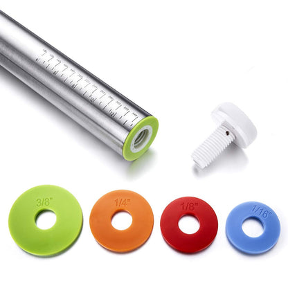 Rolling Pin and Silicone Baking Mat Set, Stainless Steel Dough Roller, Rolling Pins with Adjustable Thickness Rings for Making Dough Pizza Pie Cookies Bread Noodles (Black Pastry Mat) (Red)