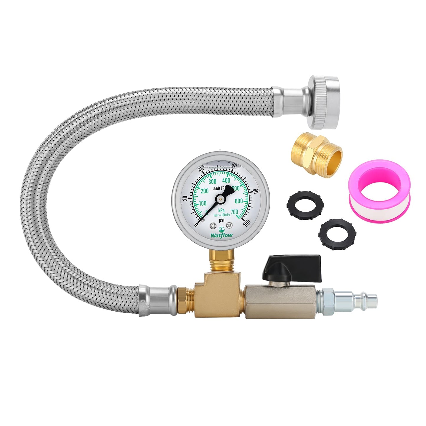 Watflow Air Compressor Water Blow Out Adapter with 100psi Pressure Gauge, with 1/4" Quick Connect Shut-Off Valve & 3/4" GHT Blow-Out Fitting Adapter, 304 SS Hose for Camper, Travel Trailer(12")