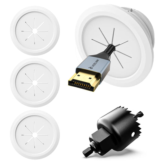 VCELINK in Wall Cable Management Kit, 1.5" (38 mm) Mini White Hole Low Voltage Wire Hider for Cable Management, 4 Pack Wall Cord Pass Throughs and 1 Hole Saw Drill