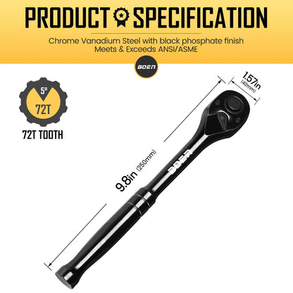 1/2-Inch Drive Ratchet Wrench, 72-Tooth Quick-Release Reversible Ratchet Wrench, Titanium Alloy Coating, High-Precision Durable Design