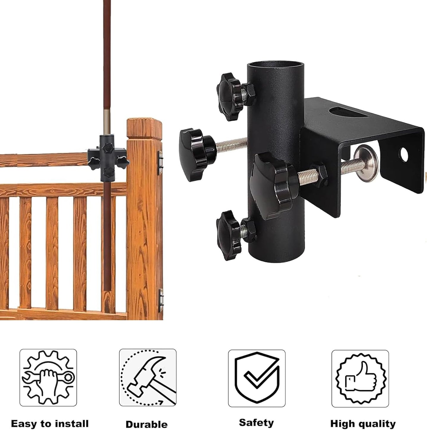 Shoyisenka Patio Umbrella Holder, Heavy Duty Parasol Holder, Square Clampable Adjustable Patio Umbrella Base Mount Fixed Clip for Beach, Courtyard Balcony, Deck Bleachers, Boats