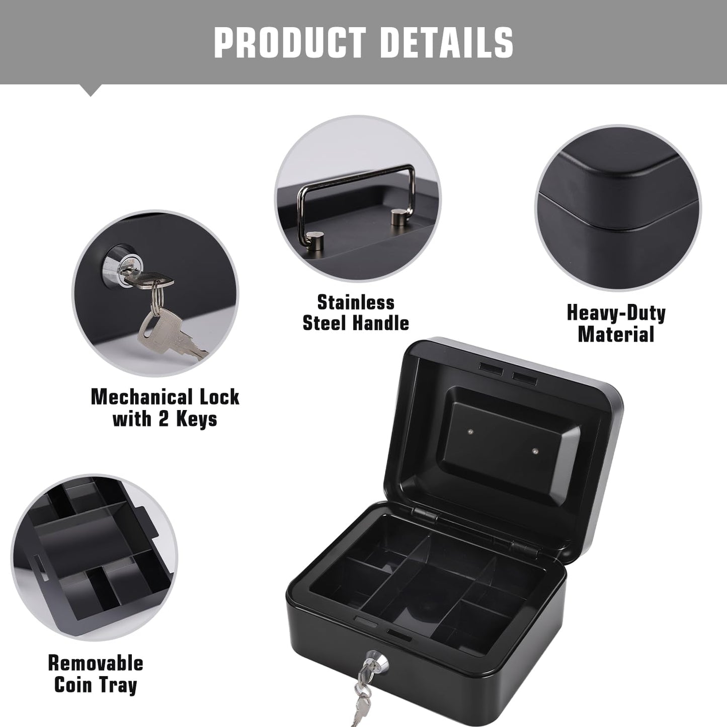 Cash Box with Money Tray and Lock Small Cash Box with Key Lock Box for Money 7.87 x 6.3 x 3.54 Inches Black