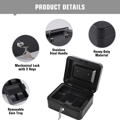 Cash Box with Money Tray and Lock Small Cash Box with Key Lock Box for Money 7.87 x 6.3 x 3.54 Inches Black