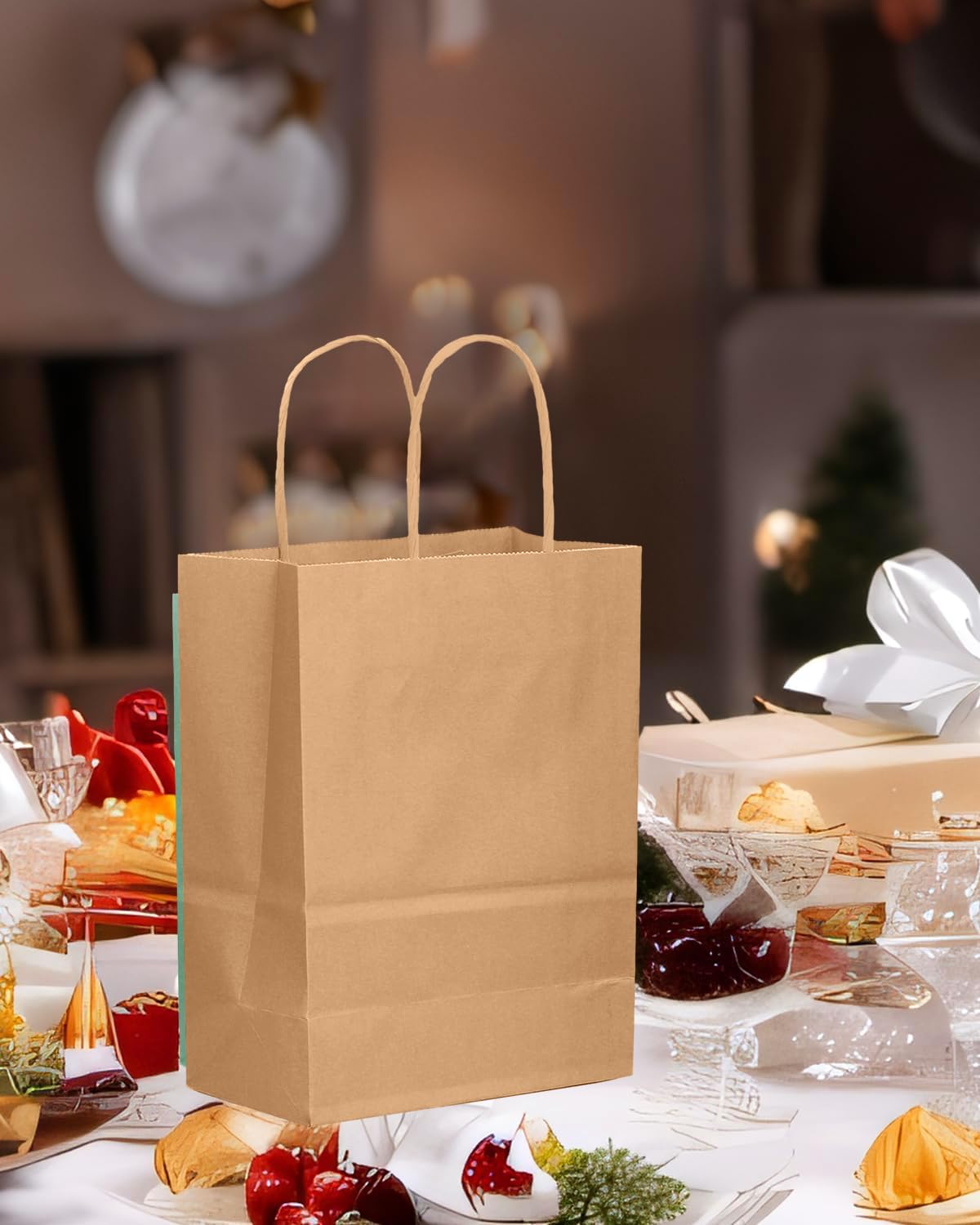 qiqee 50-Packs Brown Paper Gift Bags with Handles Bulk 8.3"x3"x 6" Small Size Paper Bags Multiple Uses(15x8x21cm,Small Size)