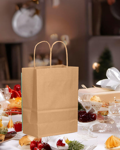 qiqee 50-Packs Brown Paper Gift Bags with Handles Bulk 8.3"x3"x 6" Small Size Paper Bags Multiple Uses(15x8x21cm,Small Size)