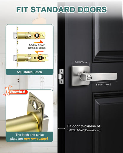 GOBEKOR 1 Pack Square Satin Nickel Privacy Door Lever,Keyless Door Handle Interior Use,Bathroom/Bedroom Door Lock (Thumb Turn,No Key),Reversible for Right or Left Side Door Handle Lock