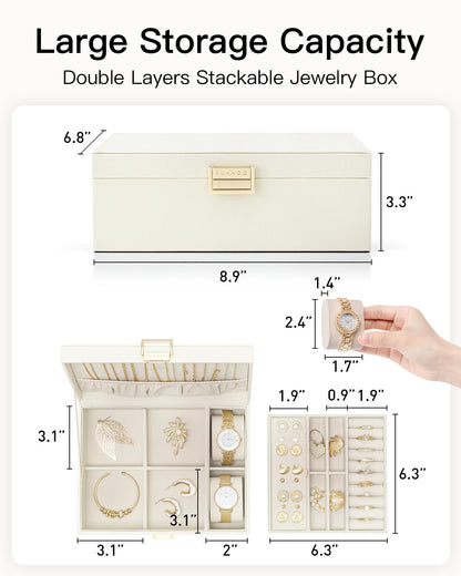 Vlando 2 Layer Jewelry Box Large Jewelry Organizer for Women Removable Jewelery Tray with Watch Pillow for Necklace Earrings Rings Bracelets Jewelry Boxes for Mother‘s Day Gifts (White)