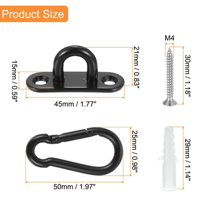 uxcell 4 Pcs Pad Eye Plate, 1.8 Inch 304 Stainless Steel Ceiling Hooks & Snap Hook Marine Hanging U Hook with Screws & Anchors for Securing Hanging, Black