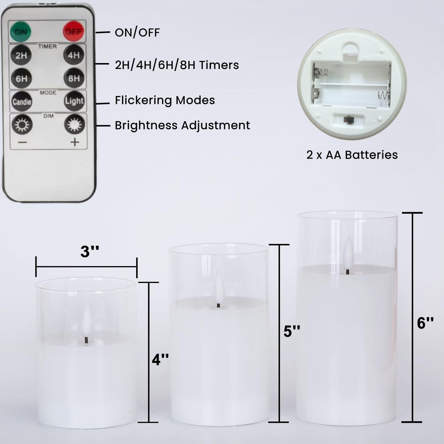 Clear Glass Flameless Candles Battery Operated with Timer, Remote Control, LED Pillar Candles Battery Powered, D3 H4 5" 6", Set of 3 (White)
