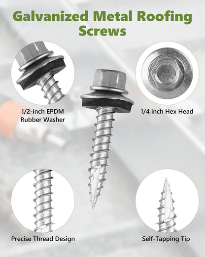 AOKLIT Hex Head Roofing Screws #10 × 1 Inch, 300Pcs Zinc Plated Self Tapping Metal Roof Screws with Rubber Washers for Metal and Corrugated Roofing Panels (Hex Socket Included)