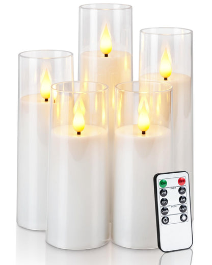 AMAGIC Acrylic Flameless Candles Flickering, LED Battery Operated Candles with Remote Control Timer, Fake Pillar Candle for Valentine's Day, Wedding Decor, White Set of 5