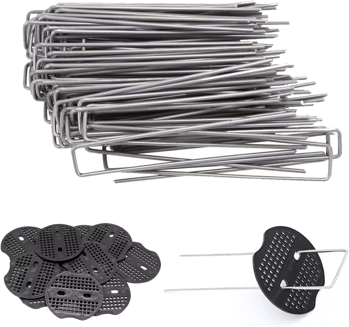 100 Pack 6 Inch Garden Staples with 100 Fixing Gasket Galvanized Landscape Stakes Anti-Rust U-Shape Metal Pins SOD Yard Stakes for Gardening Landscaping Weed Barrier Fabric, Soaker Hose