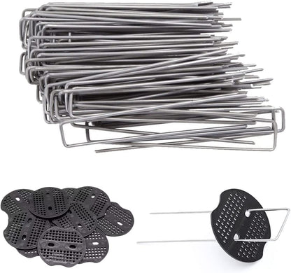 100 Pack 6 Inch Garden Staples with 100 Fixing Gasket Galvanized Landscape Stakes Anti-Rust U-Shape Metal Pins SOD Yard Stakes for Gardening Landscaping Weed Barrier Fabric, Soaker Hose