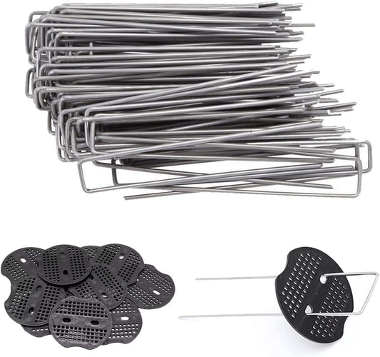 100 Pack 6 Inch Garden Staples with 100 Fixing Gasket Galvanized Landscape Stakes Anti-Rust U-Shape Metal Pins SOD Yard Stakes for Gardening Landscaping Weed Barrier Fabric, Soaker Hose