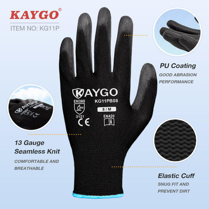 Safety Work Gloves PU Coated-12 Pairs,KAYGO KG11PB, Seamless Knit Glove with Polyurethane Coated Smooth Grip on Palm & Fingers, for Men and Women, Ideal for General Duty Work (L, Black)