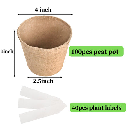 Cedilis 100 Pack 4 inch Peat Pots, Biodegradable Plant Starter Pots with Plant Labels, Germination Station Starter Cups, Disposable Plant Pots for Seedlings, Flowers, Vegetables Seeds