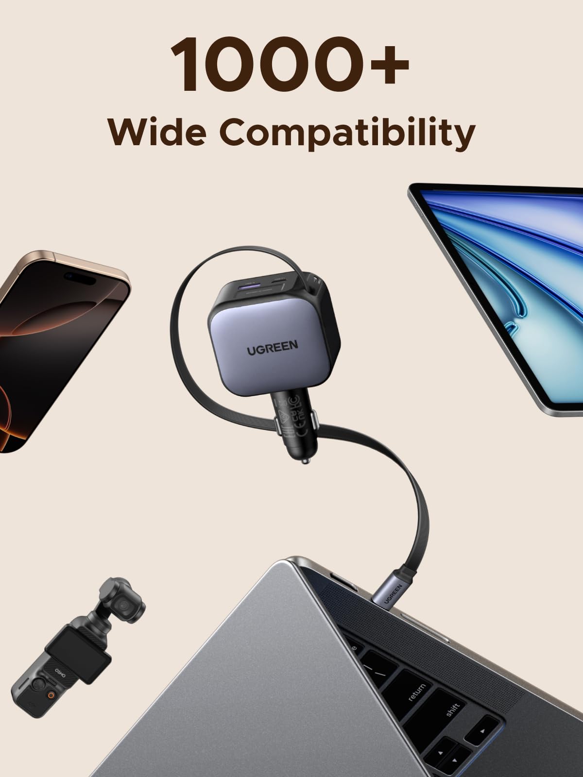 UGREEN 145W Retractable Car Charger, 4-Ports Car Phone Charger Fast Charging with 60W Retractable USB C Cable, Cigarette Lighter Adapter Compatible with iPhone 17 16 15 Pro Max, Galaxy S25 S24 Ultra