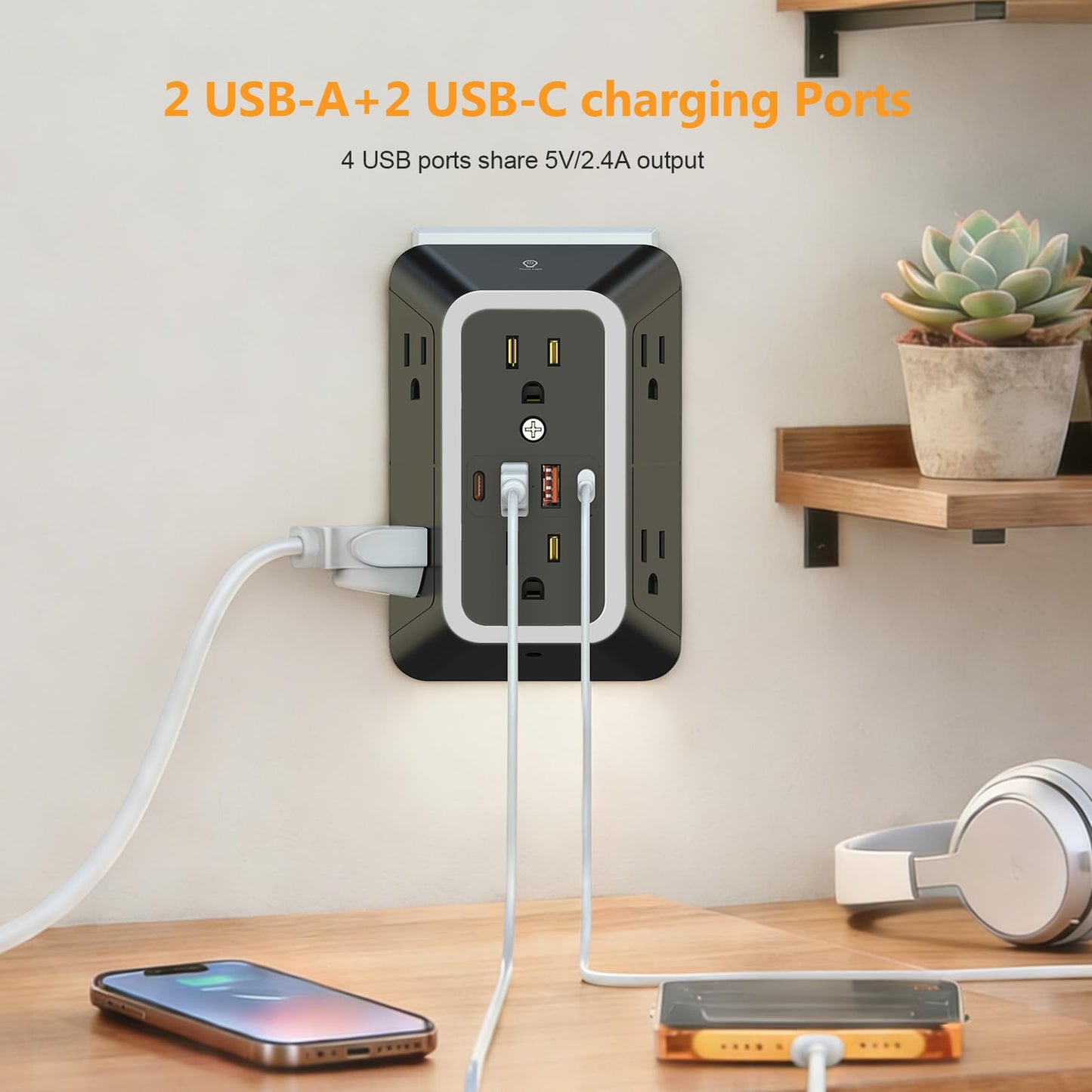 Wall Outlet Extender with Night Light, Power Plug Adapter 6 Outlet Extender with 4 USB Charging Ports（2 USB C）,1050J Power Strip Multi Plug Adapter Spaced for Home Office Travel-Black