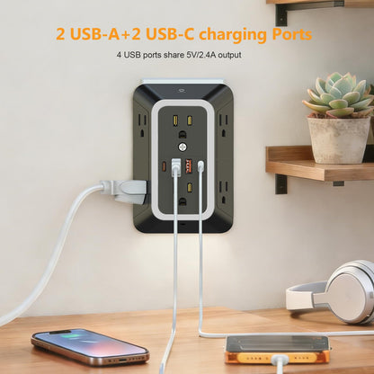 Wall Outlet Extender with Night Light, Power Plug Adapter 6 Outlet Extender with 4 USB Charging Ports（2 USB C）,1050J Power Strip Multi Plug Adapter Spaced for Home Office Travel-Black