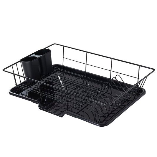 Sweet Home Collection Space-Saving 3-Piece Dish Drainer Rack Set: Efficient Kitchen Organizer for Quick Drying and Storage - Includes Cutlery Holder and Drainboard - Maximize Countertop Space, Black