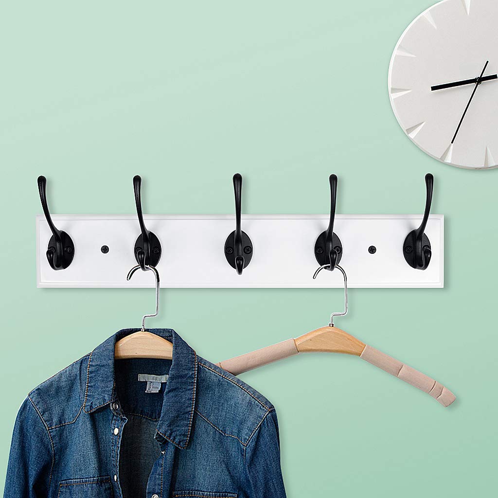 RUTAI Wall Mounted Coat Rack,Bamboo 17 inch Wall Hanging Shelf with 5 Black Dual Hooks for Hallway,Bathroom,Living Room,Bedroom,2 Pack,White