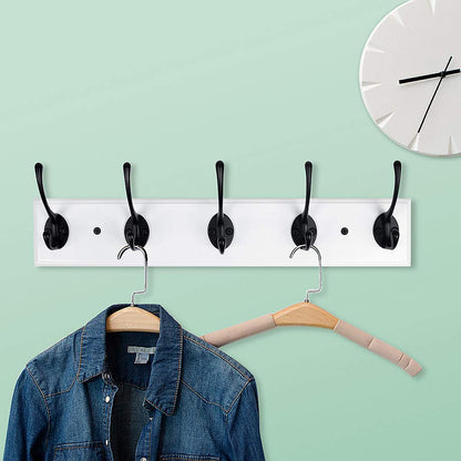 RUTAI Wall Mounted Coat Rack,Bamboo 17 inch Wall Hanging Shelf with 5 Black Dual Hooks for Hallway,Bathroom,Living Room,Bedroom,2 Pack,White