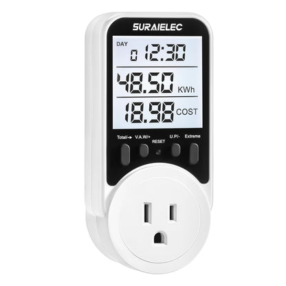 Suraielec Watt Meter, Plug-in Socket Power Meter, 90V-250V Wide Range, Backlit Large Display, Auto Cost Calculator, Overload Protection, Kilowatt Wattage Voltage AMP Tester, Electricity Usage Monitor