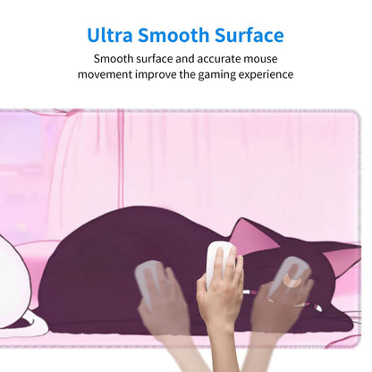 Anime Kawaii Gaming Mouse Pad Cute White Cat Black Cat Large Desk Office Decor Exclusive Beautiful Girls Mouse Pad for Women Mouse Mat Desk Pad 31.5x11.8in Non-Slip Rubber Base with Stitched Edges