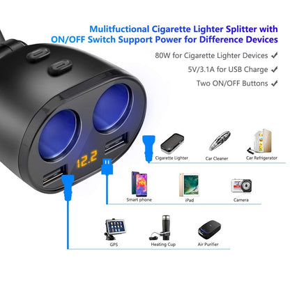 Rocketek USB Car Charger Splitter Adapter, 2 Socket Cigarette Lighter Multi Power Outlet 12V/24V 120W DC with LED Voltmeter Switch Dual USB Port for Mobile Phone Tablet GPS Dash Cam Samsung Tomtom