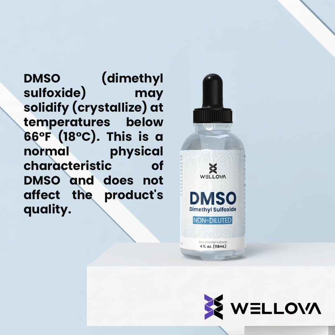 Wellova DMSO 99.9% Pharmaceutical Grade with 99.9% Purity & Low Odor - 4oz (Dimethyl Sulfoxide) Clear Glass Bottle with Dropper