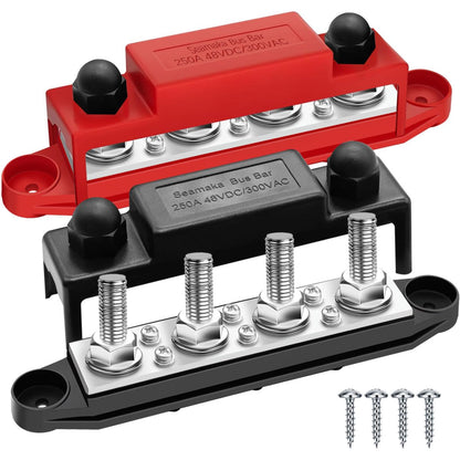 250A 12V Bus Bar Marine 12V,Power Distribution Block with Cover with 4 x 3/8”Post 6 x #8 Screws Terminals,Battery Bus Bar with 4PCS Battery Lugs and 4PCS Heat Shrink Tubing for Car Boat Solar Wiring