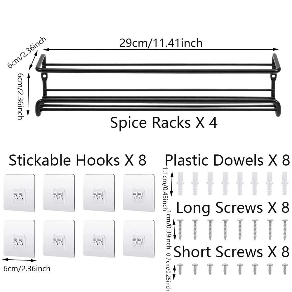 4 pack Spice Rack Organizer Wall Mounted Cabinet Metal Hanging Spice Rack for Spice Jars and Seasonings Easy to Install Your for kitchen Cupboard or Pantry Door