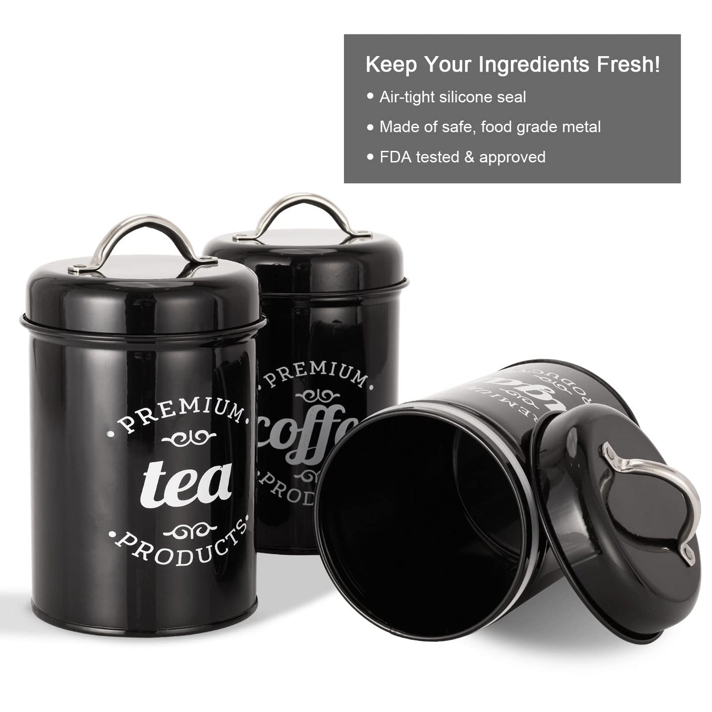 3 Piece Black Food Jars Canisters Sets, Airtight Coffee Container, Tea Organizer, And Sugar Canister, Rustic Farmhouse Decor for Kitchen Countertop